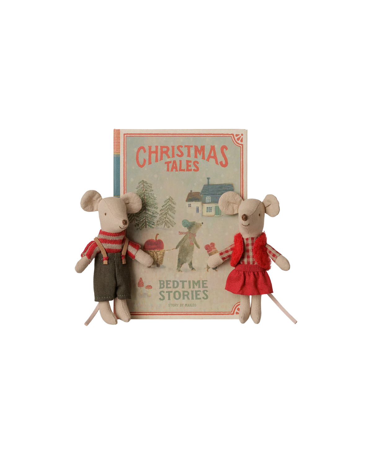 Maileg Christmas two beige fabric mice in a book, red outfits
