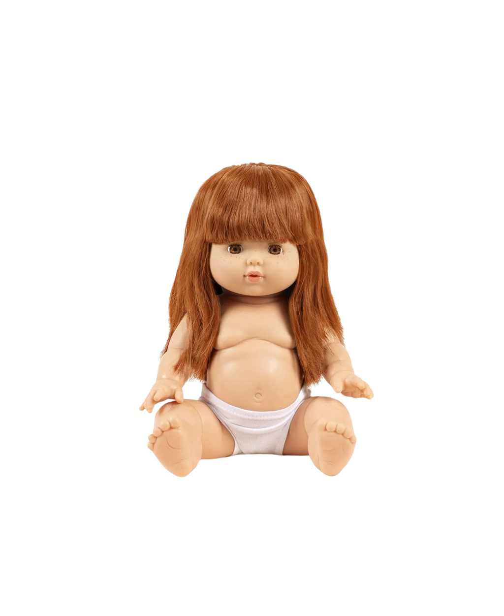Minikane Ambre poupée, cheveux roux, marque Citron Grenadine, assise en culotte blanche