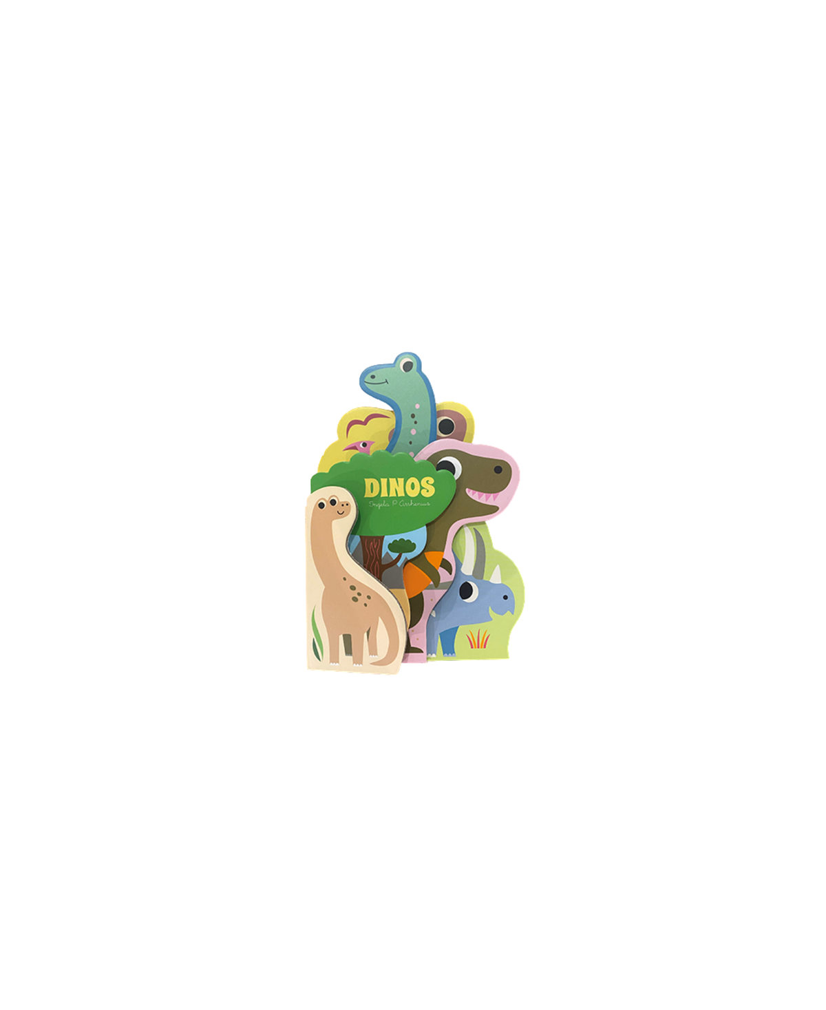 MARCEL ET JOACHIM livre dinos 0+ display with colorful dinosaur cutouts stacked, green DINOS label