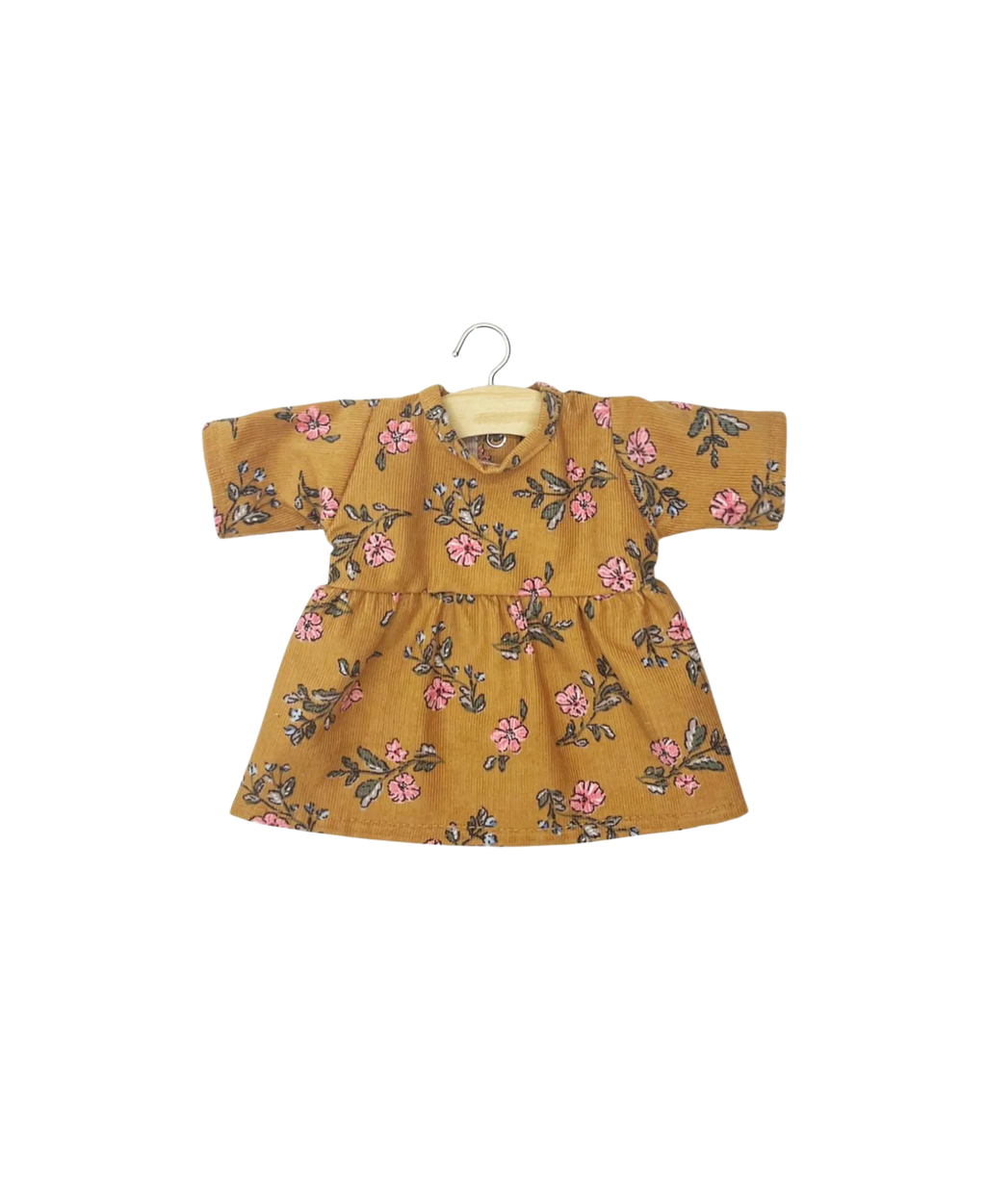 Robe MINIKANE Faustine pour poupée 34 cm, jaune moutarde à fleurs roses, Citron Grenadine.