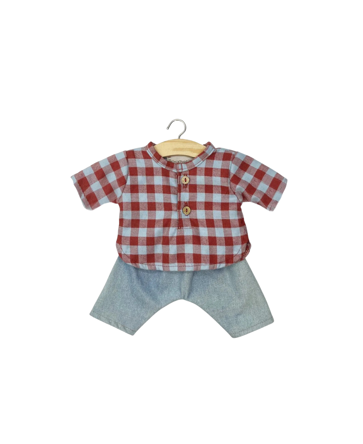 Ensemble MINIKANE pour poupée Marien 34 cm: chemise à carreaux rouge et bleu clair et jean bleu clair.