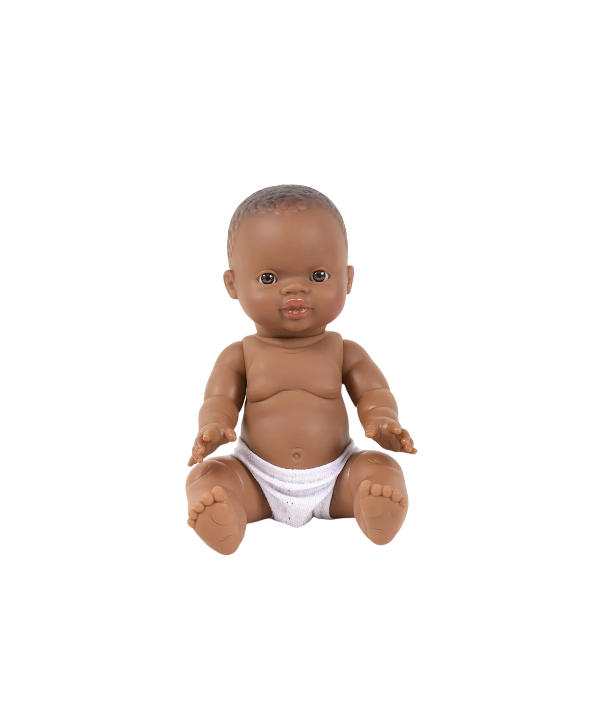 MINIKANE Zach doll, 34 cm, brown-skinned, sitting in a white diaper, Citron Grenadine