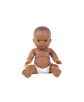 MINIKANE poupée Zélie, 34 cm, poupée en vinyle brun clair assise en couche blanche