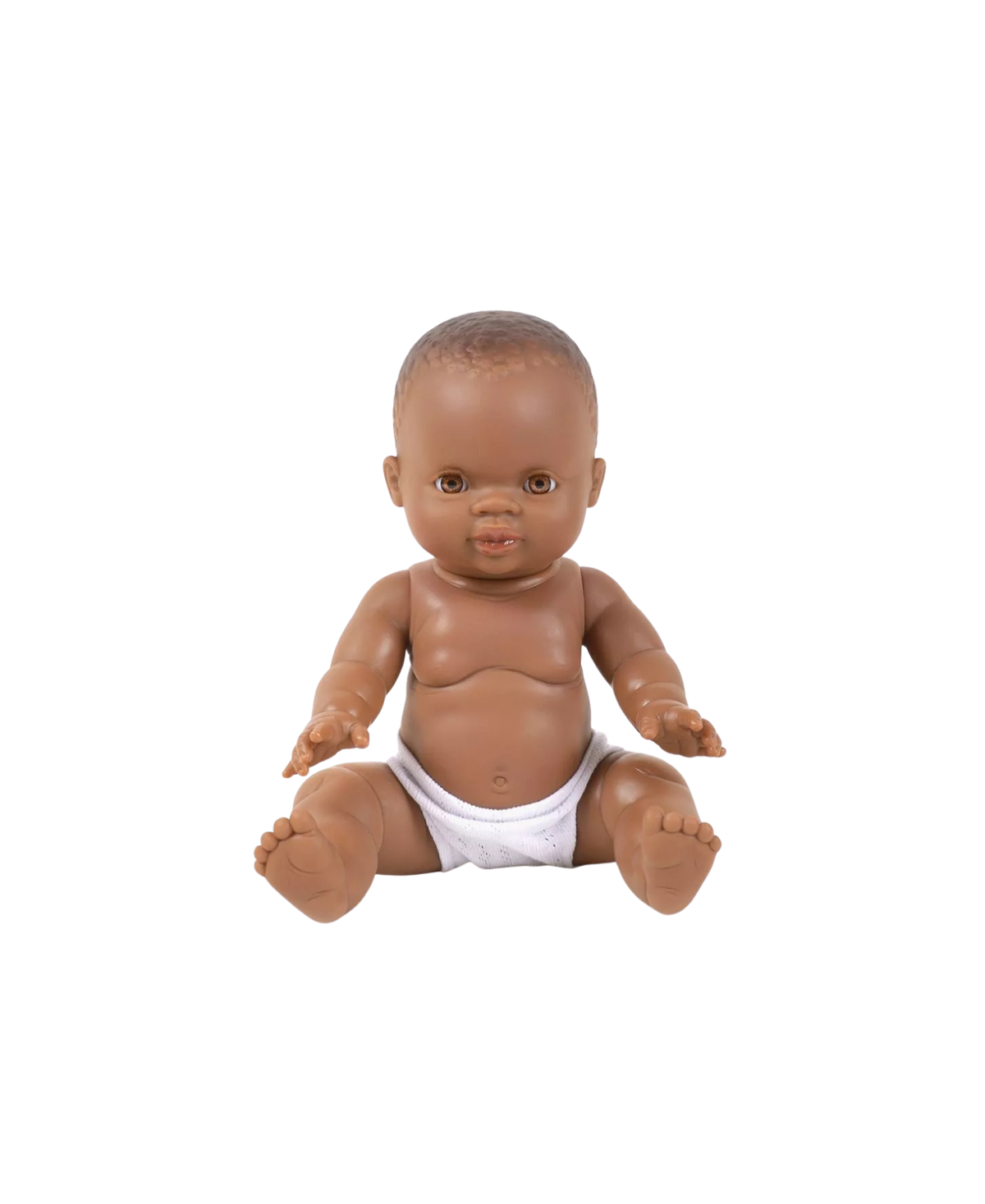 MINIKANE poupée Zélie, 34 cm, poupée en vinyle brun clair assise en couche blanche