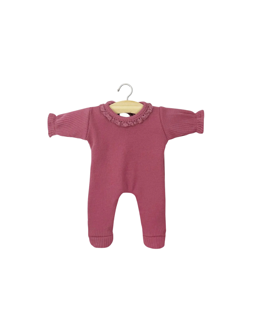 MINIKANE Camille poupée pyjama 28 cm framboise; Citron Grenadine ribbed pink footed jumpsuit with lace collar