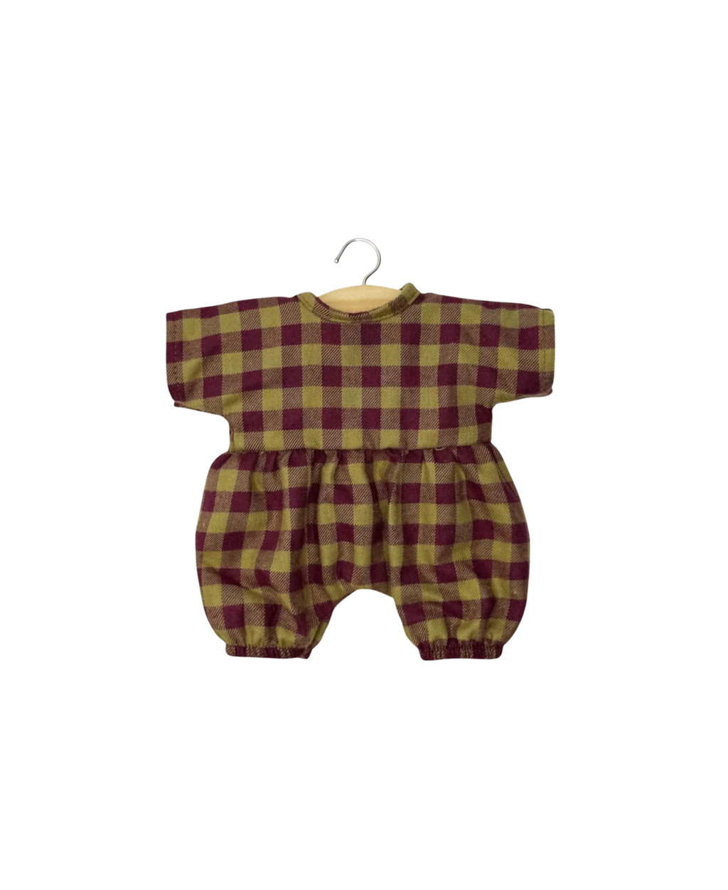 MINIKANE barboteuse Noa 28 cm pour poupée, motif vichy olive et bordeaux, Citron Grenadine