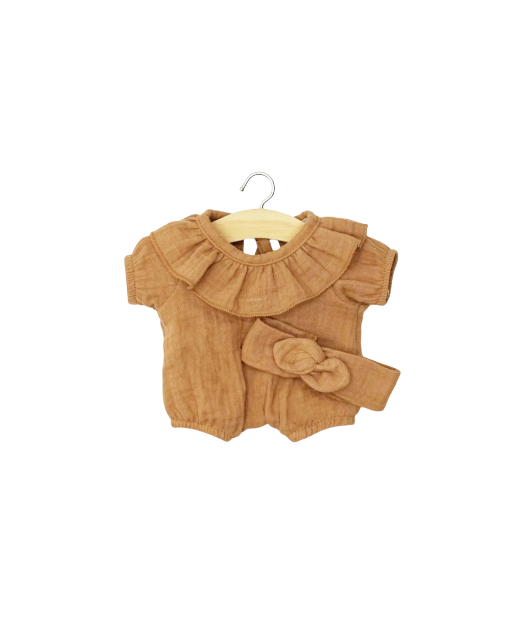 MINIKANE Eva barboteuse 28 cm caramel pour poupée sur cintre; vêtement en velours côtelé.