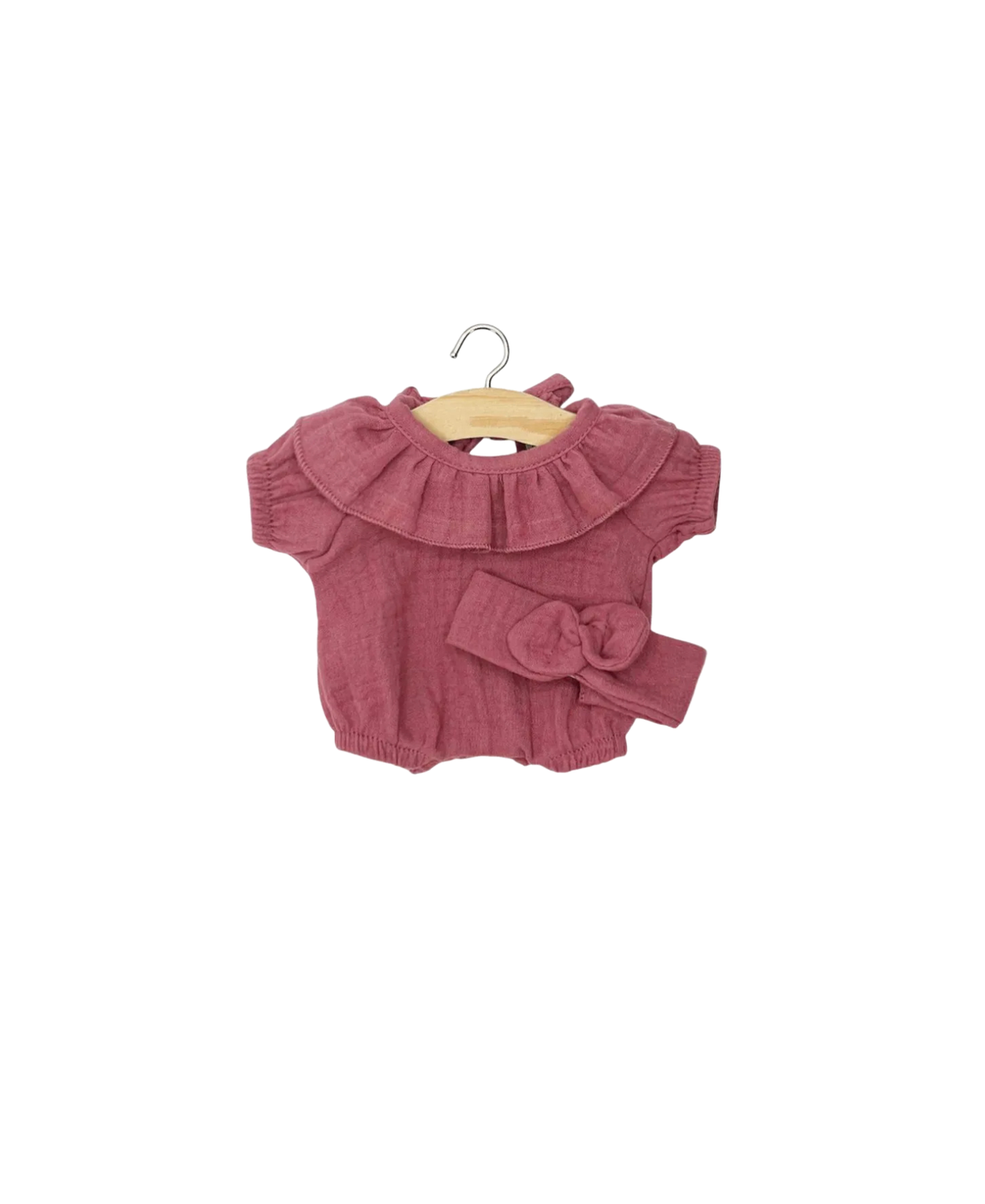 MINIKANE Eva poupée barboteuse framboise sur cintre avec col froncé et nœud