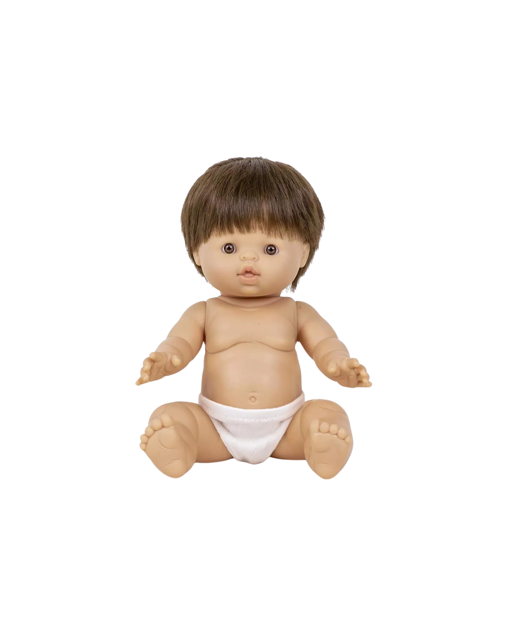 Poupée MINIKANE Jules, 34 cm, cheveux bruns, peau beige, assise en couche blanche