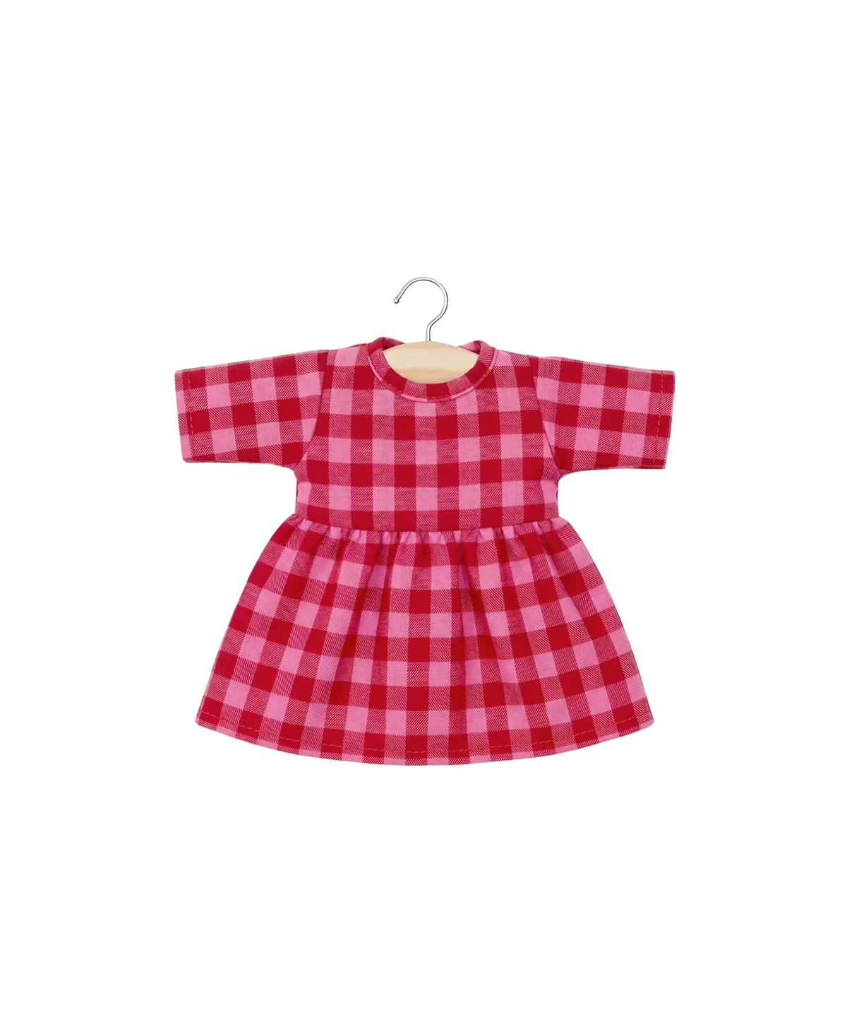 Robe MINIKANE Faustine pour poupée 34 cm en vichy cerise à carreaux rouges et roses