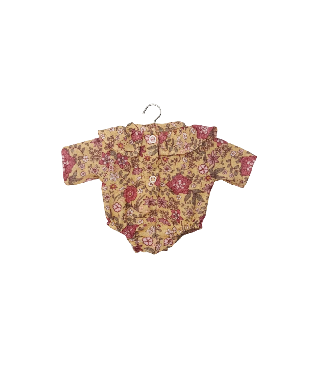 MINIKANE Colette doll barboteuse, floral yellow fabric with pink flowers for 34 cm doll