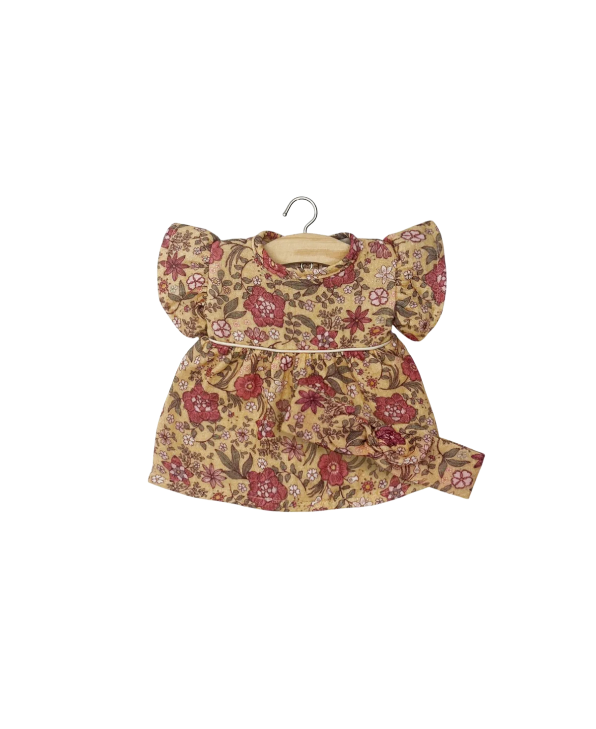 Robe Daisy MINIKANE pour poupée 34 cm, floral beige et rouge, manches bouffantes, ceinture blanche, Citron Grenadine