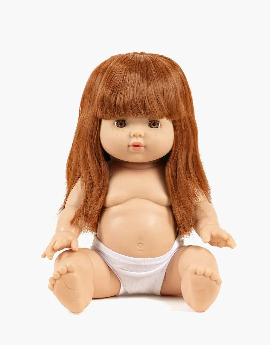 MINIKANE Ambre doll by Citron Grenadine; auburn hair, seated in white underwear.