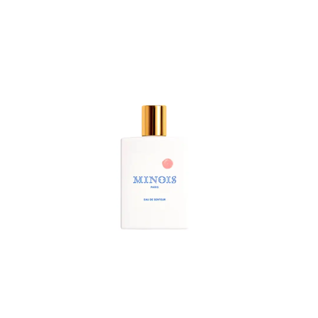 MINOIS eau de senteur bottle, white rectangular flacon with gold cap and blue MINOIS Paris label