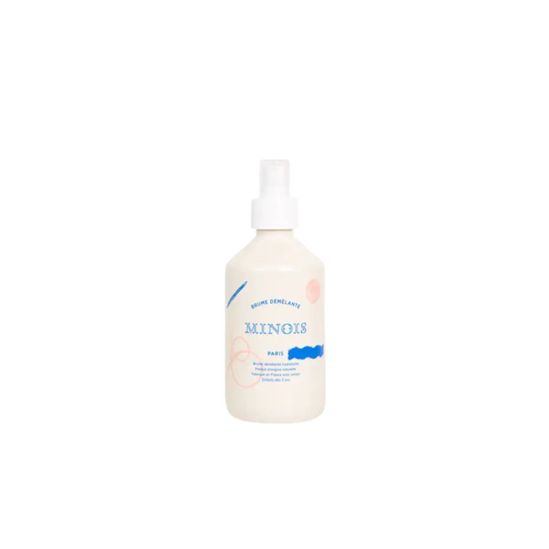 MINOIS brume démêlante spray bottle, white/cream plastic with blue label, Citron Grenadine.