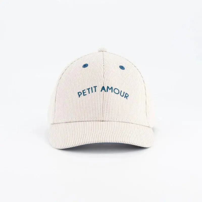 CHAMAYE Petit Amour marinière baseball cap, soft beige fabric with blue embroidery by Citron Grenadine