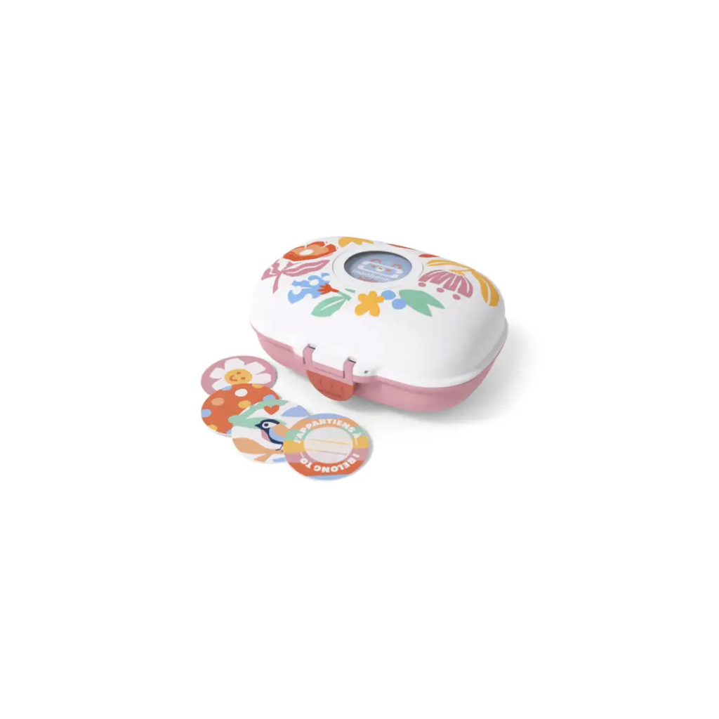 MONBENTO gram lunch box Papercut, white lid with colorful floral print, pink base, 4 discs, Citron Grenadine