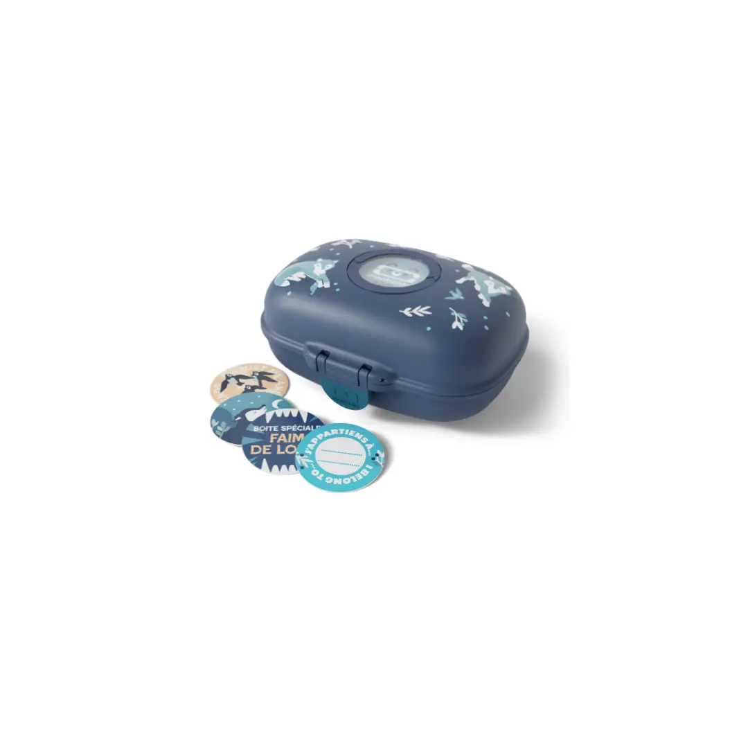 MON BENTO gram boîte à collation wolf, boîte à déjeuner bleu marine avec motif loup; 4 étiquettes rondes incluses