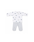 Two-piece baby outfit set with car prints: white wrap top and navy striped footed pants