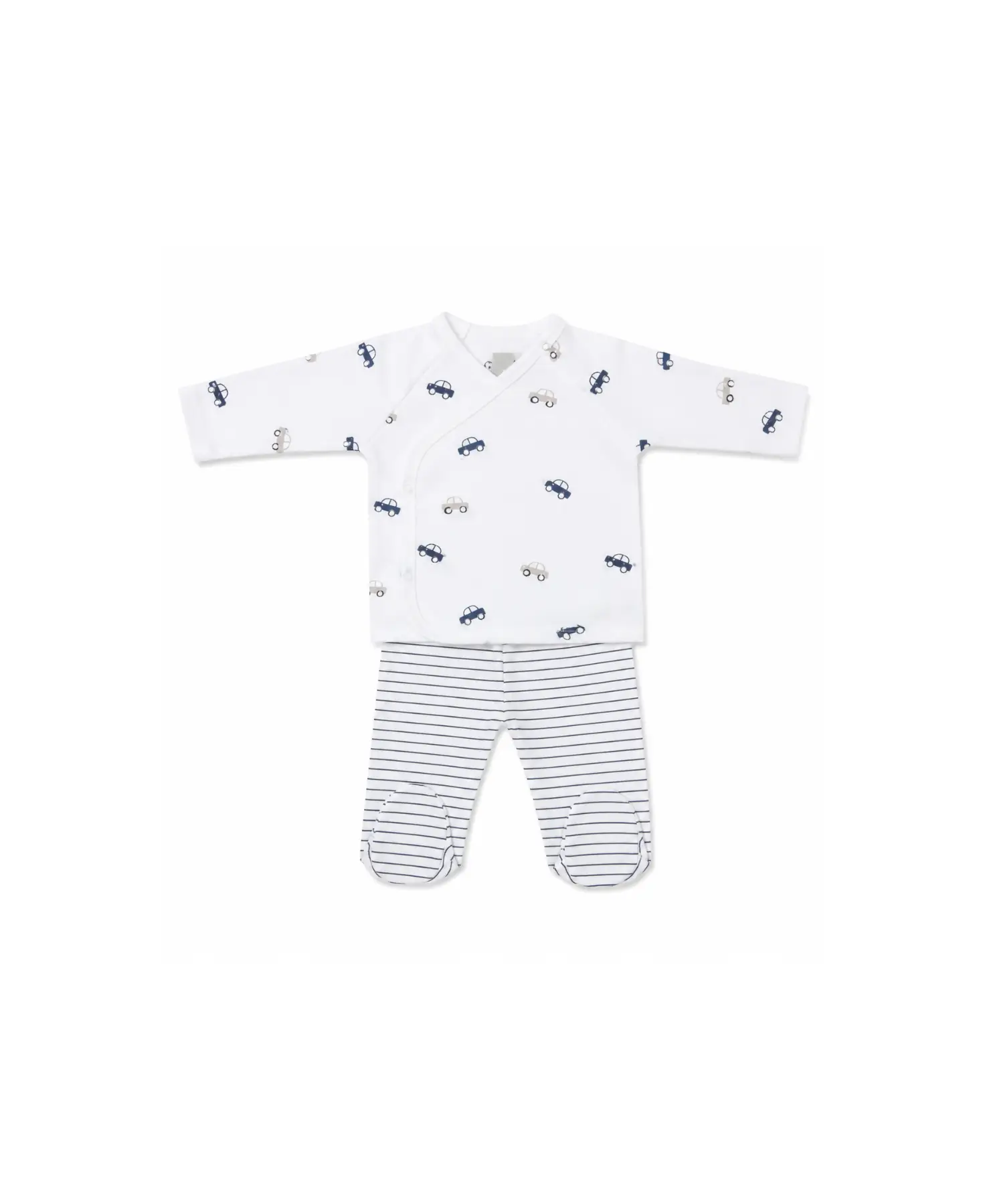 Two-piece baby outfit set with car prints: white wrap top and navy striped footed pants