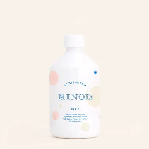 MINOIS mousse de bain bottle, white plastic with pastel peach and lemon circles, Citron Grenadine.