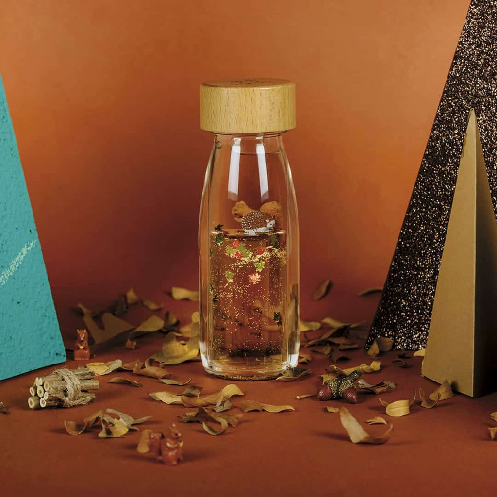 Bouteille sensorielle PETIT BOUM en verre avec bouchon bois pour bébés; automne, Citron Grenadine