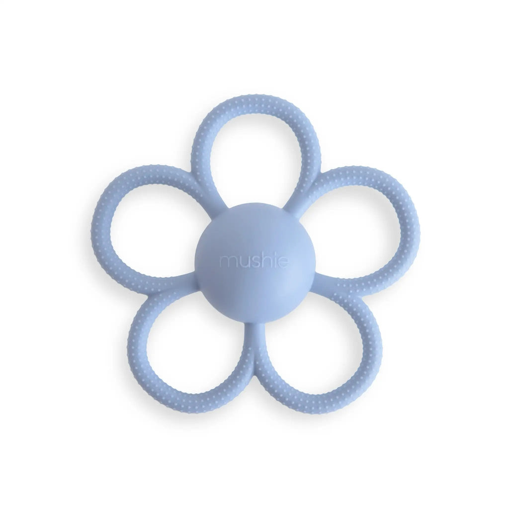 Mushie daisy teething toy, faded denim blue, Citron Grenadine.