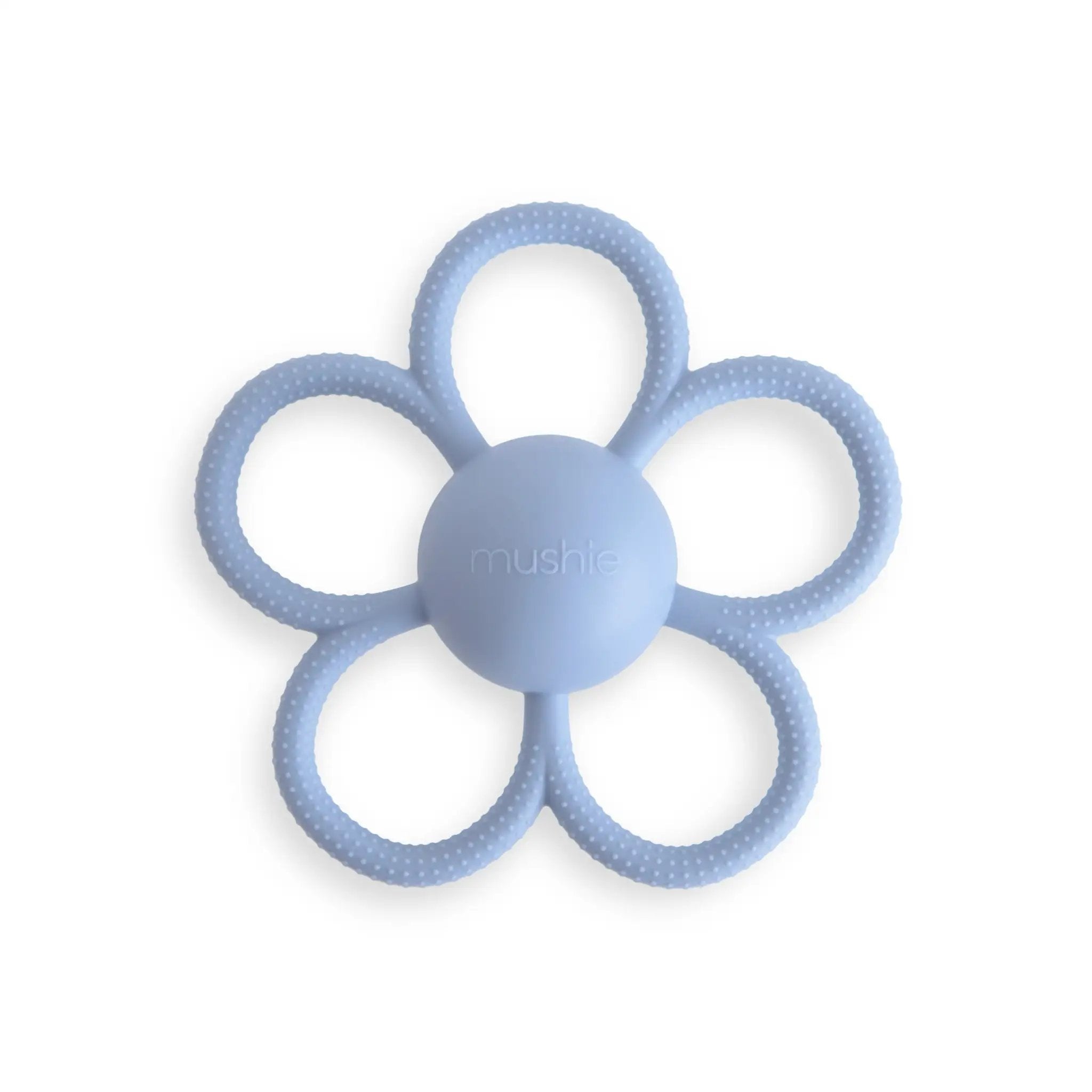 Mushie daisy teething toy, faded denim blue, Citron Grenadine.