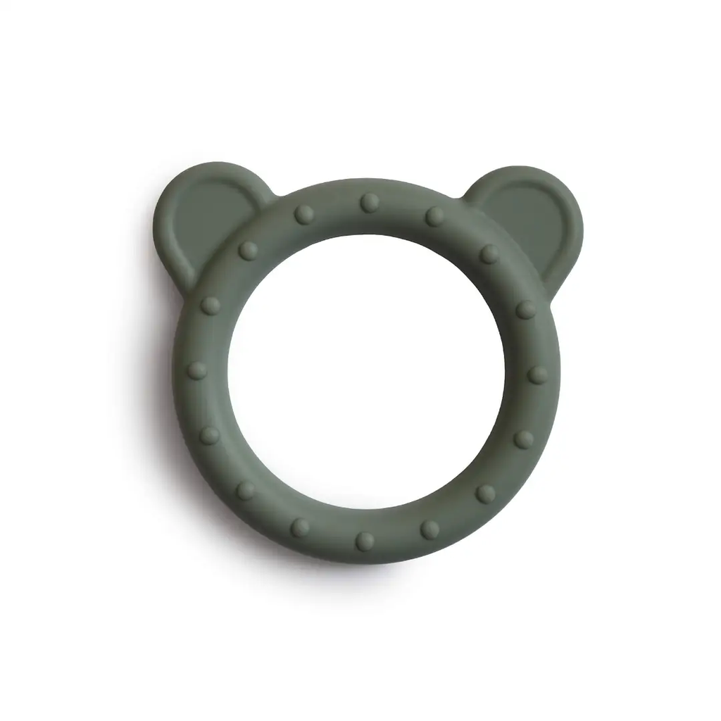 MUSHIE bear teether ring in olive green with dotted texture and bear ears