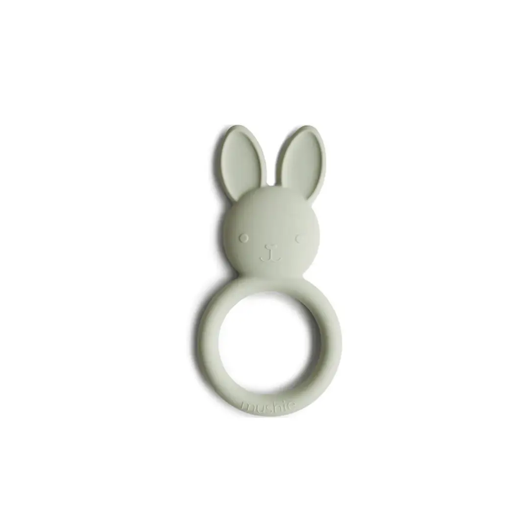 Mushie bunny teether with ring handle in sage green