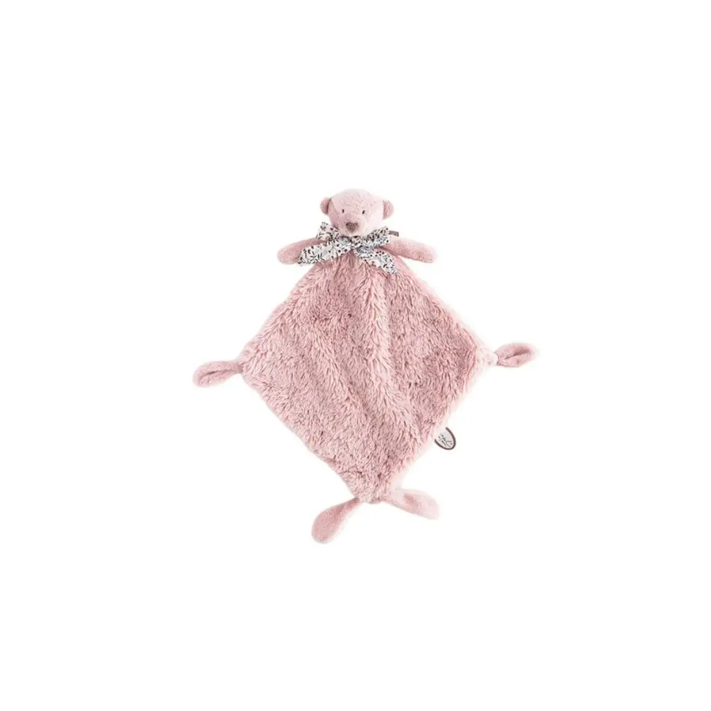DIMPEL doudou noann liberty rose plush security blanket by Citron Grenadine, pink with bear head and floral bow