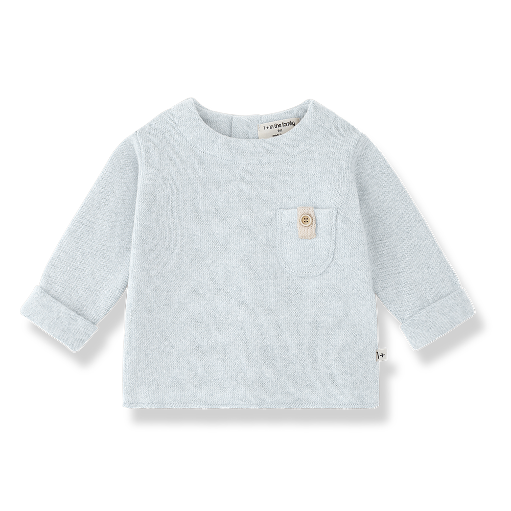 Brantes pull ciel, baby sweater by Citron Grenadine in light blue knit with chest pocket.