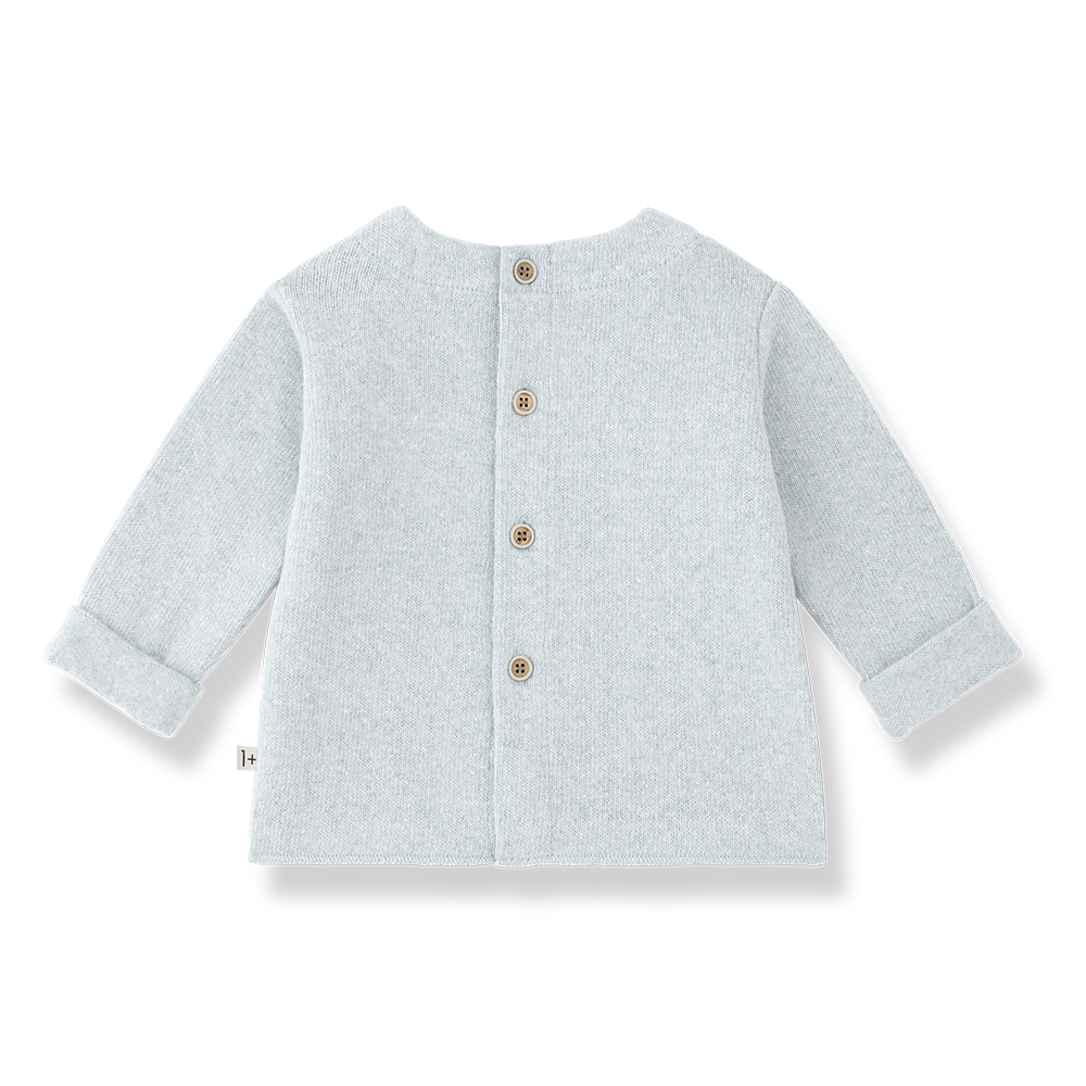 Baby Brantes pull cardigan by Citron Grenadine in ciel blue knit with wooden buttons