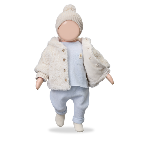 Brantes pull ciel by Citron Grenadine — baby sky-blue sweater with beige faux-fur coat and cream knit hat
