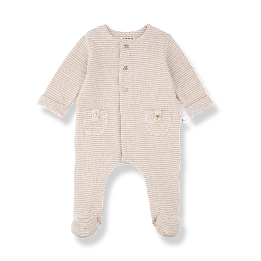 1+ in the Family Metz nude striped footed baby pajama with front pockets by Citron Grenadine