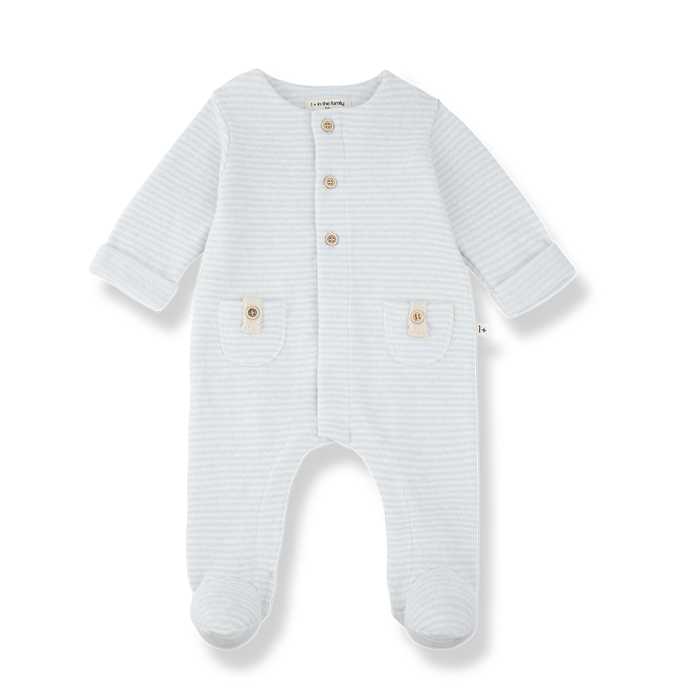 Footed baby pyjama Metz ciel by Citron Grenadine; light blue striped one-piece with front wooden buttons.