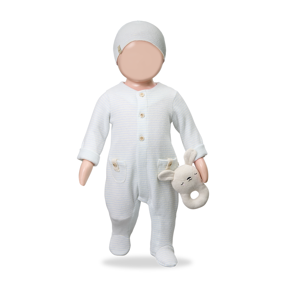 Citron Grenadine 1+ IN THE FAMILY pyjama Metz ciel for baby, light blue striped one-piece with matching hat