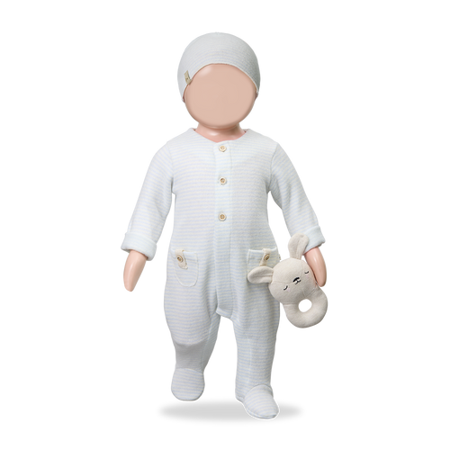 Citron Grenadine 1+ IN THE FAMILY pyjama Metz ciel for baby, light blue striped one-piece with matching hat