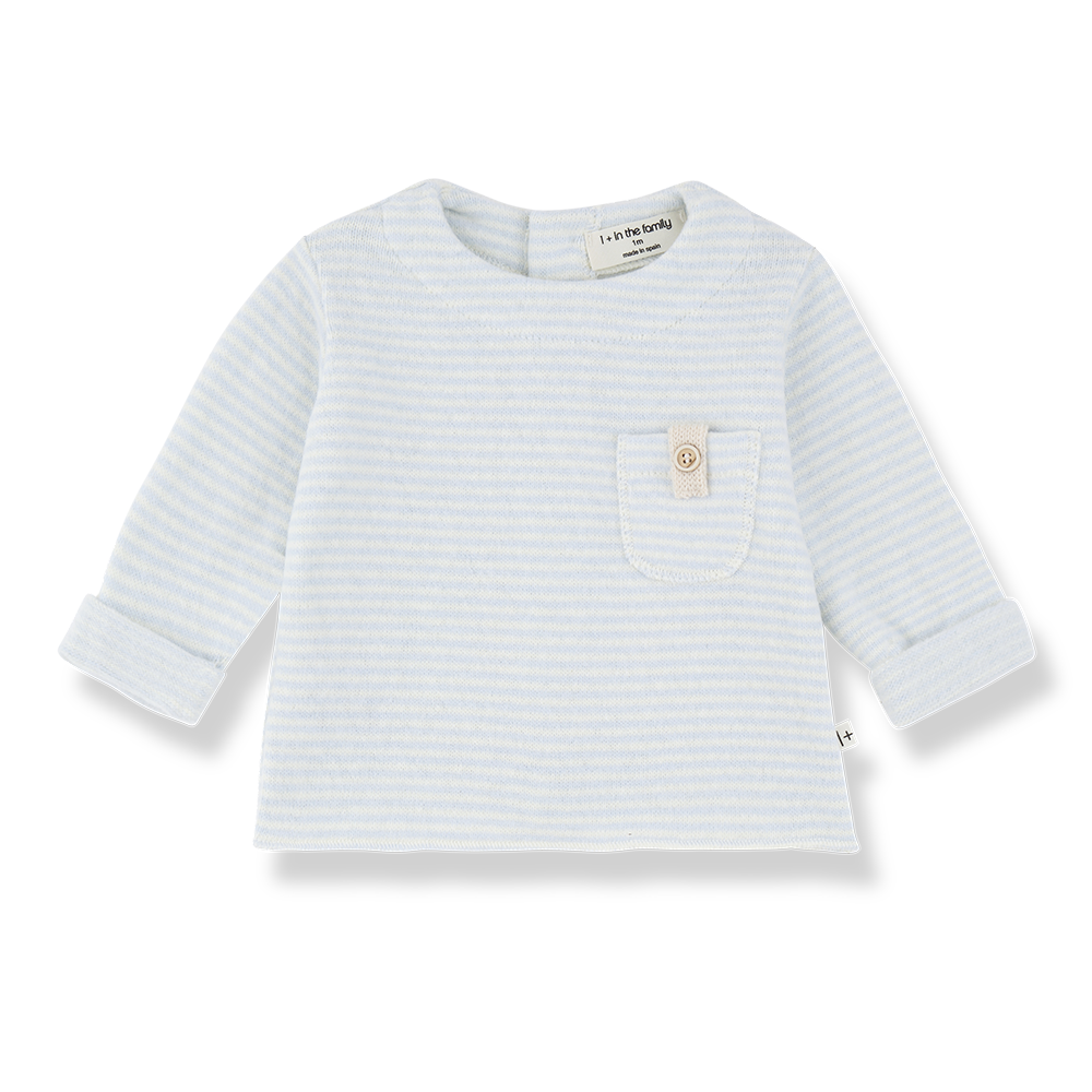 Belfort pull in ciel: light blue striped knit pullover for kids with front pocket and beige button.