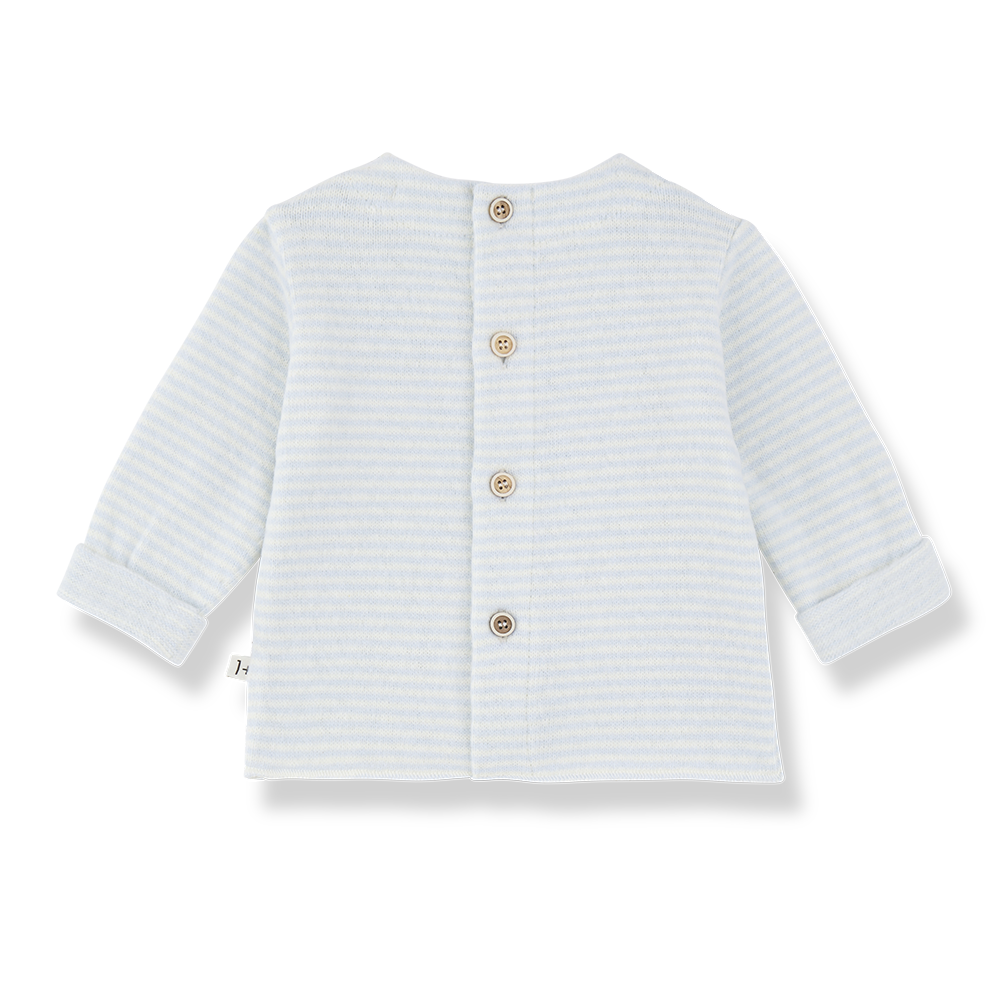 1+ IN THE FAMILY Belfort pull in ciel, light blue striped knit cardigan with wooden buttons