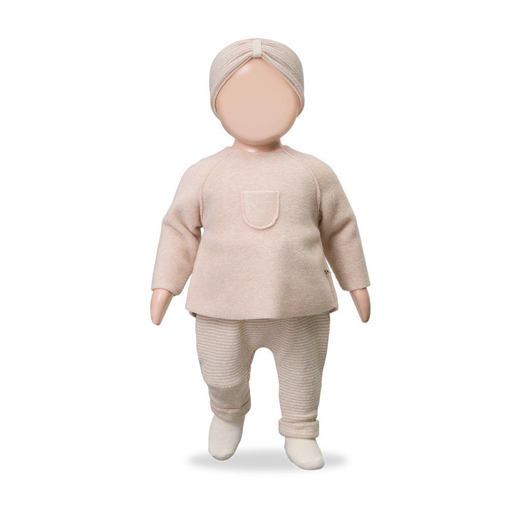 Antony two-piece nude doll outfit by Citron Grenadine, beige knit top with pocket and striped pants