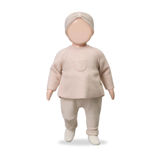 Antony two-piece nude doll outfit by Citron Grenadine, beige knit top with pocket and striped pants