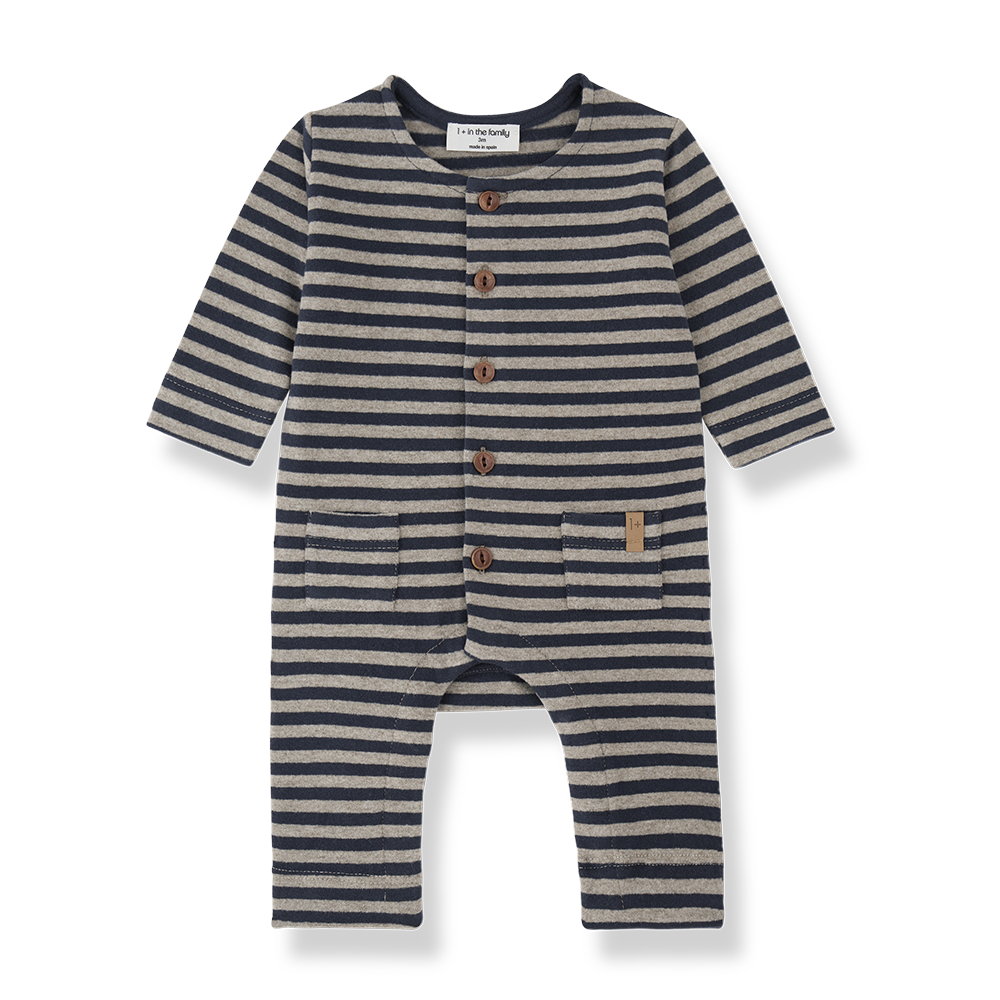 Treviso combi blue striped romper for babies, long sleeves, brown buttons, Citron Grenadine