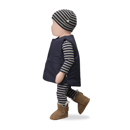 Treviso combi blue baby outfit: navy padded vest over striped knit set with hat and brown boots