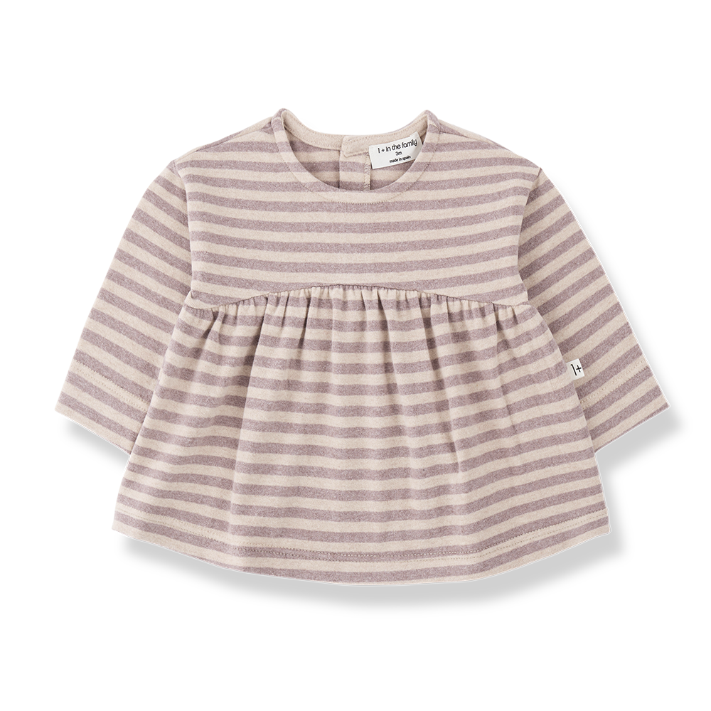 Sardegna blouse, nude lavender striped knit, long sleeves, 1+ in the family logo