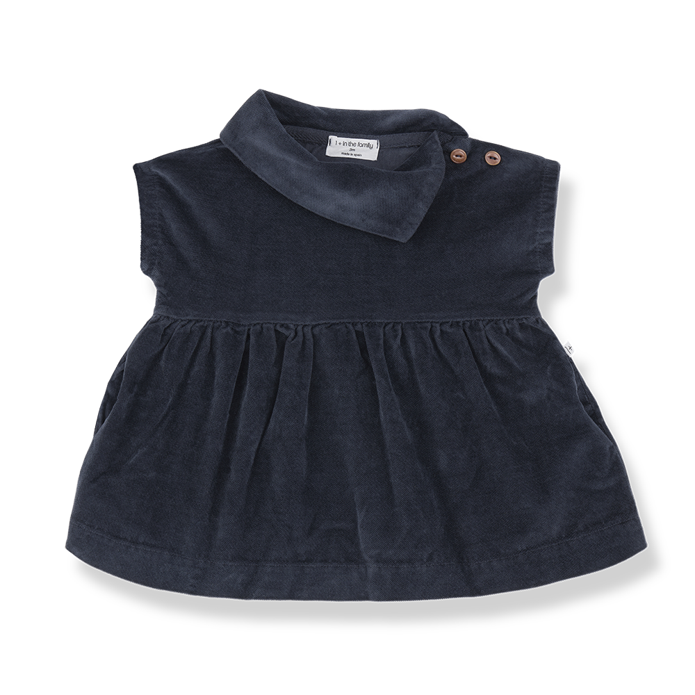 Aosta robe by 1+ in the Family in blue velvet for babies, gathered skirt, collar and shoulder button detail
