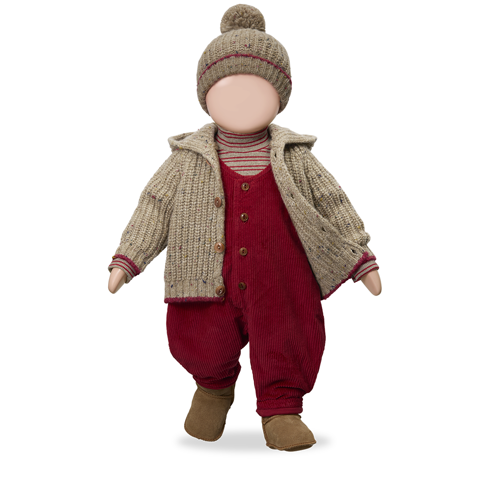 1+ IN THE FAMILY Sylvan sous-pull/flamma doll outfit by Citron Grenadine; beige knit cardigan over red corduroy jumpsuit