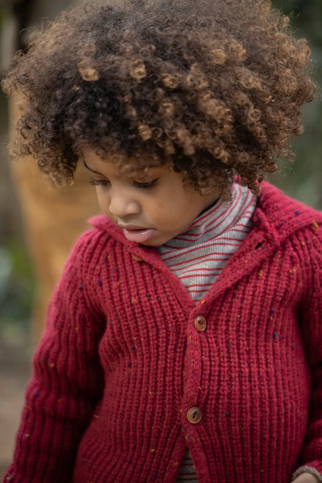 Sylvan sous-pull / flamma red knit cardigan with brown buttons, Citron Grenadine