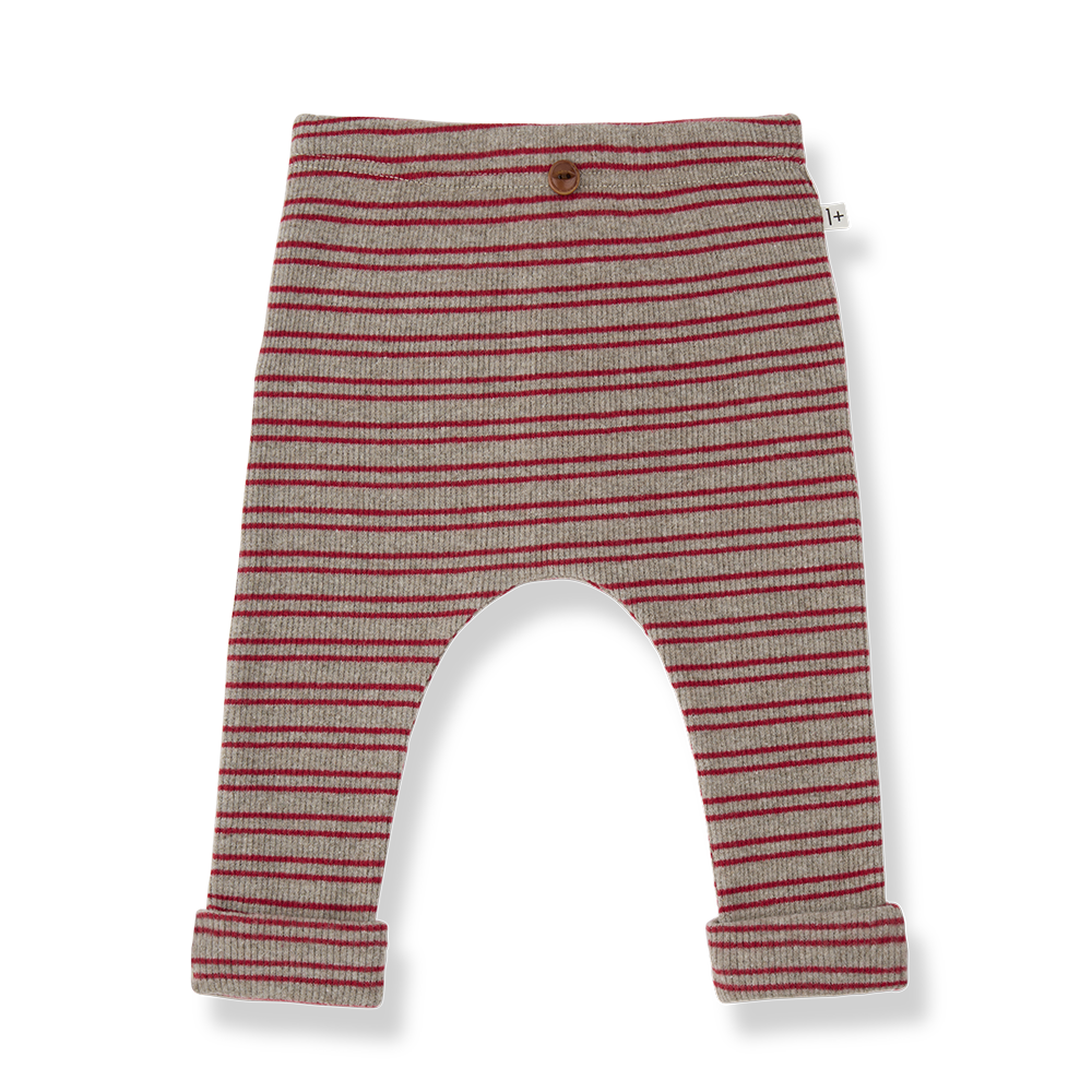Devon pantalon Flamma, bas de pantalon bébé, maille beige à rayures rouges avec bouton sur la ceinture