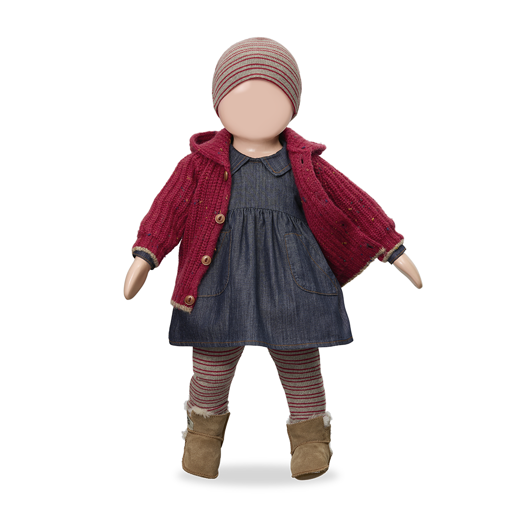Devon pantalon by Citron Grenadine, 1+ IN THE FAMILY doll outfit with red cardigan and striped leggings